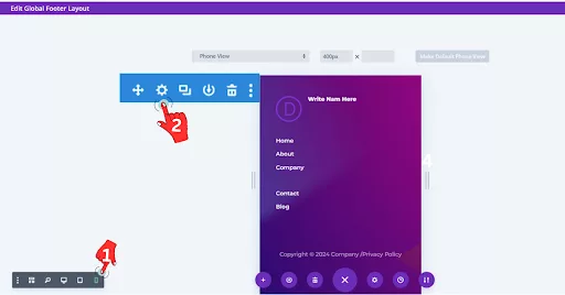 View of the Divi footer on mobile devices, ensuring responsiveness for improved user experience. Click on the mobile icon in the Divi Builder to check and adjust settings as needed.