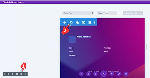 View of the Divi footer on tablet devices, ensuring responsiveness for an optimal user experience. Click on the tablet icon in the Divi Builder to check and adjust settings as needed.