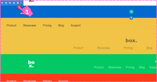 Screenshot showing the deletion process of extra headers in Divi’s page builder, with the delete icon being pressed, leaving only the selected Green header layout.