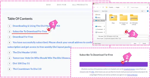 Screenshot showing the download interface for a free Divi header layout from Elegant Themes, with the option to subscribe and download the layout kit.