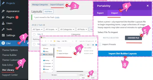 Screenshot showing the process of selecting and uploading the Header Divi Kit.json file to the Divi Library via the Import & Export option in the WordPress dashboard.