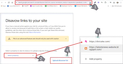Screenshot of Google Disavow Tool showing “Select Property” button, upload option for the disavow file, and the “Process” button for submitting the disavow request.