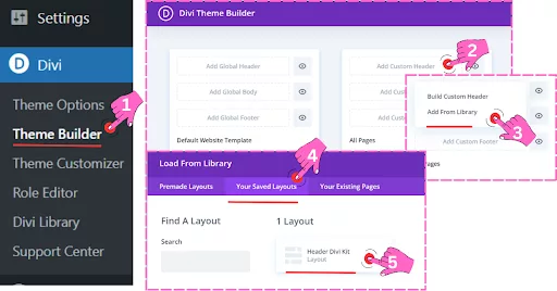 Screenshot displaying the steps to apply the uploaded Free Header Layout through Divi’s Theme Builder by selecting “Add Custom Header” and “Add From Library” options to apply the saved layout to all pages.