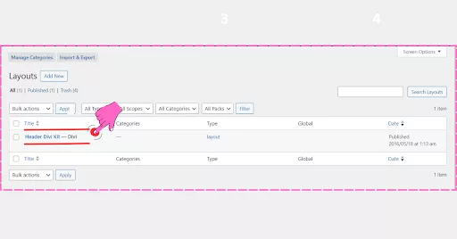 Screenshot displaying the successful upload of the Divi Free Header Layout in the Divi Library, confirming that the layout is ready for use.