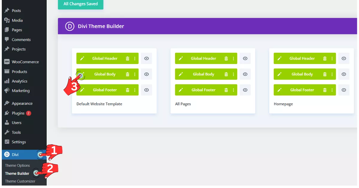 Navigating Divi Theme Builder to apply horizontal scroll effects to the Global Body.