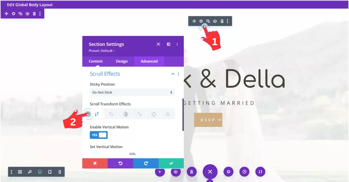 Selecting and enabling vertical scroll effects for a text module in Divi through the scroll transform effects settings.