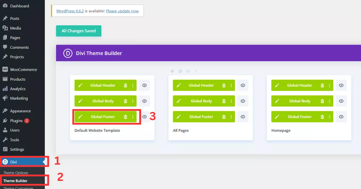 WordPress dashboard showing Divi Theme Builder interface with the Global Footer Edit option selected for making the footer sticky.
