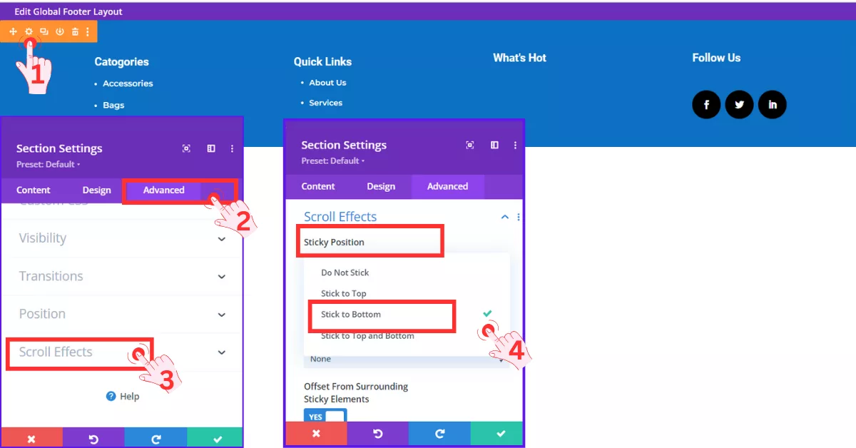 Divi page builder showing module settings with Advanced options for enabling Sticky Position and sticking the footer to the bottom.
