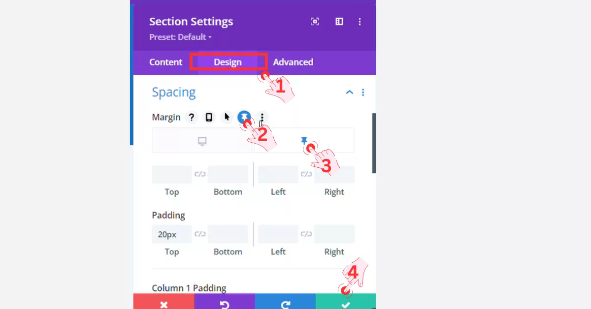 Divi Design settings showing the section for spacing and margin with the Pin option to activate the sticky footer.