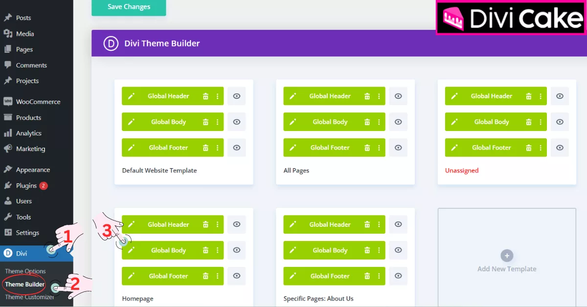 Opening a page in Divi Page Builder through the WordPress dashboard, accessing the Theme Builder, modifying background settings, enabling Page Builder, and changing the homepage background color using Divi Global Body editing.