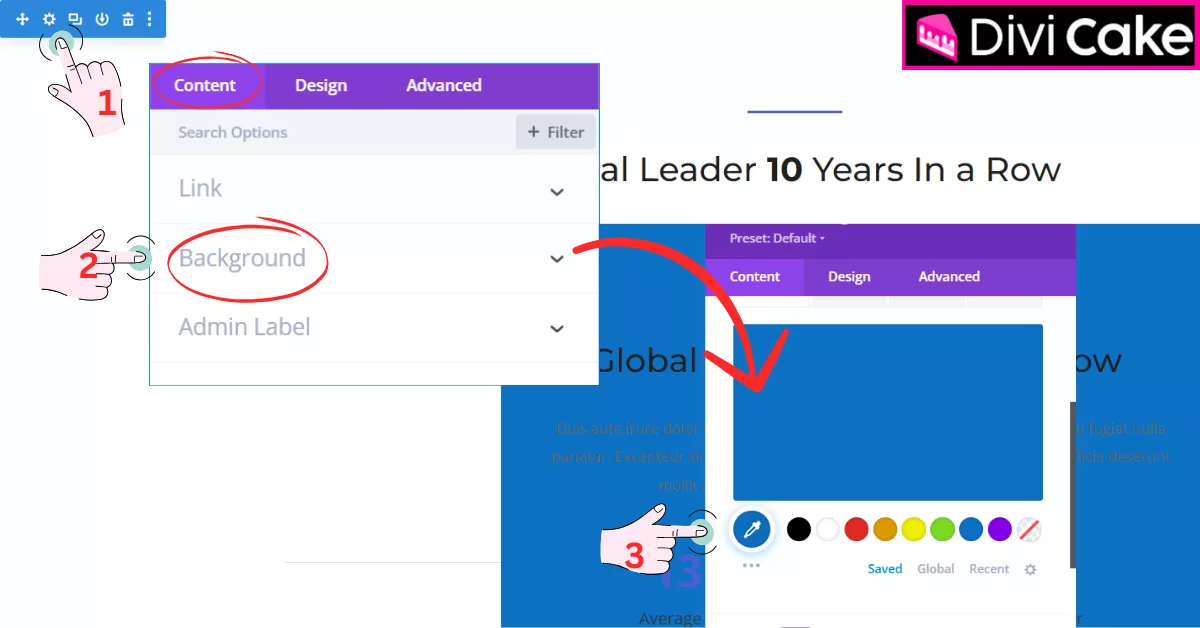 Adding background color to a page section in Divi by accessing Section Settings, navigating to the Content Tab, selecting the Background option, and choosing a preferred color like blue.