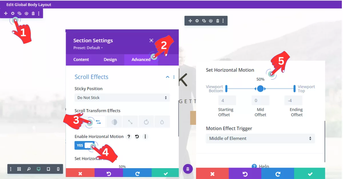 Applying a horizontal scroll effect to a row section in Divi using advanced scroll transform effects settings.