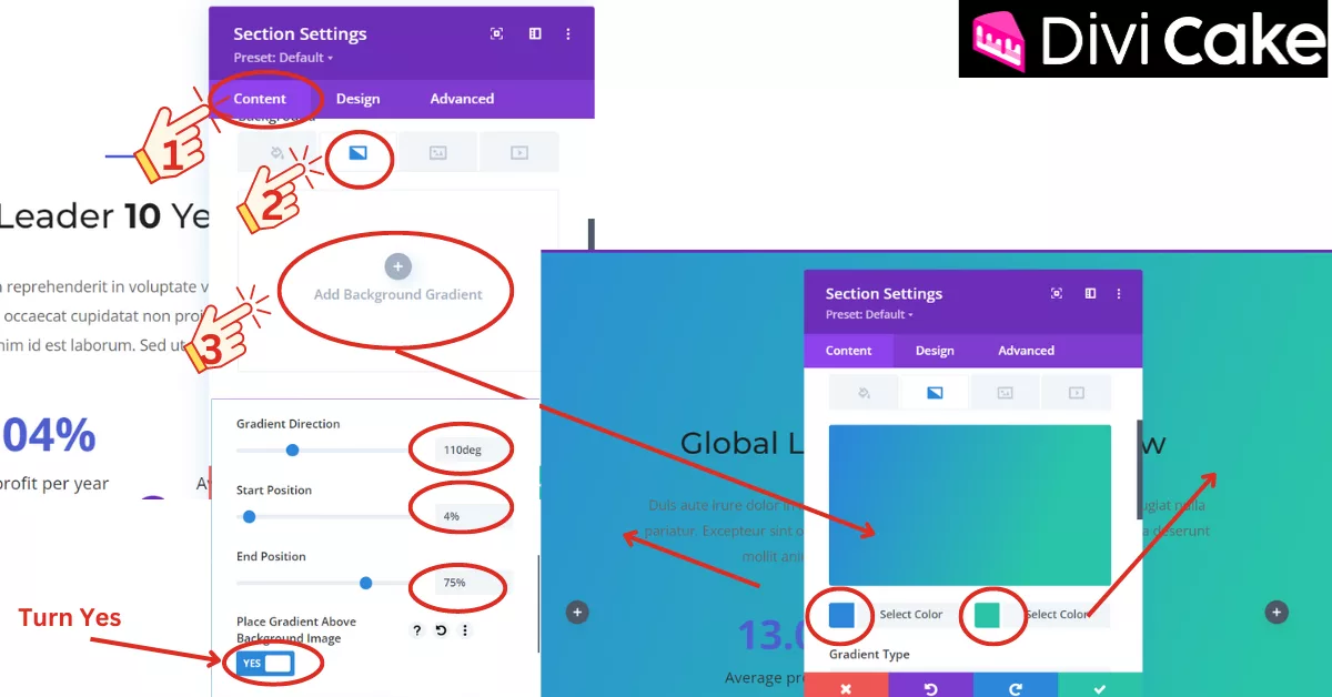 Step-by-step guide on adding a gradient to the background in Divi, including setting gradient start and end positions and overlaying a gradient on a background image.