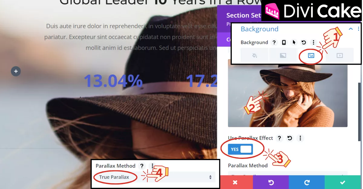 Instructions on adding or changing a background image in Divi, including applying the Parallax effect with options for CSS or True Parallax methods.