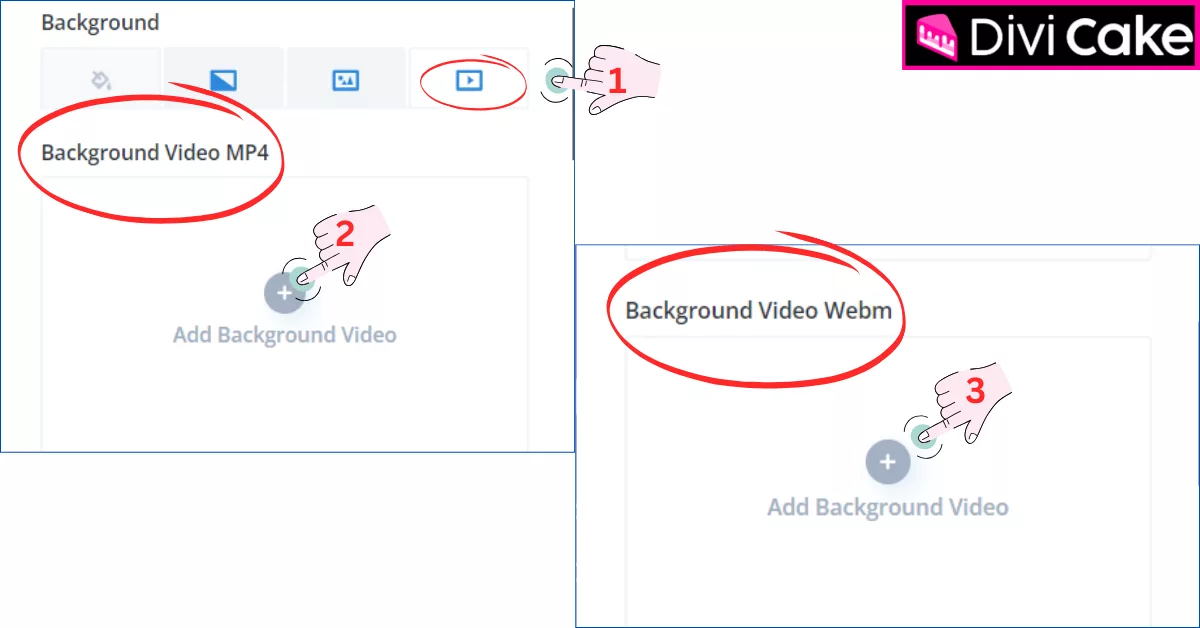 Instructions for setting a video as a background in Divi, including uploading options and compatibility considerations for WebM and MP4 formats.