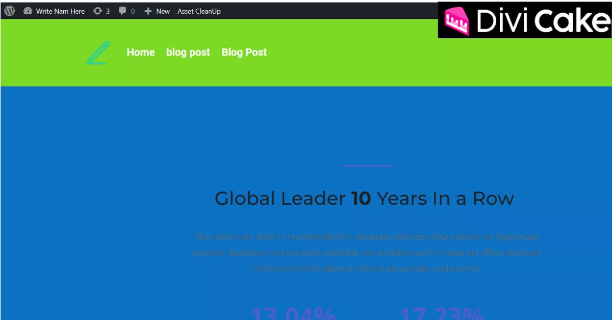 Divi header screenshot showing a blue background and white text before conversion to a transparent sticky menu, highlighting the current issue of the menu disappearing while scrolling.