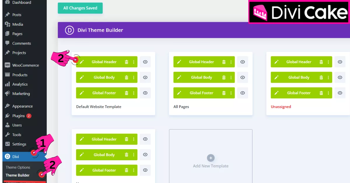 Accessing the Theme Builder in Divi to enable the Page Builder for editing the Global Header, featuring options for creating a transparent and responsive menu across multiple pages.