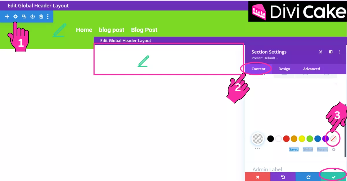 Editing the header background in Divi Page Builder by accessing the settings icon, navigating to the Content Tab, and selecting the transparent color option to enhance the header’s visual appeal.