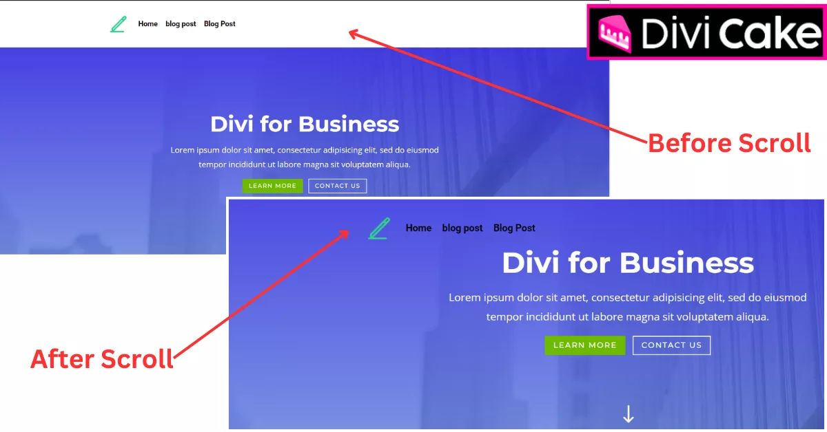 Transparent header implementation in Divi allows the body background color to show through, proving the success of the responsive design.