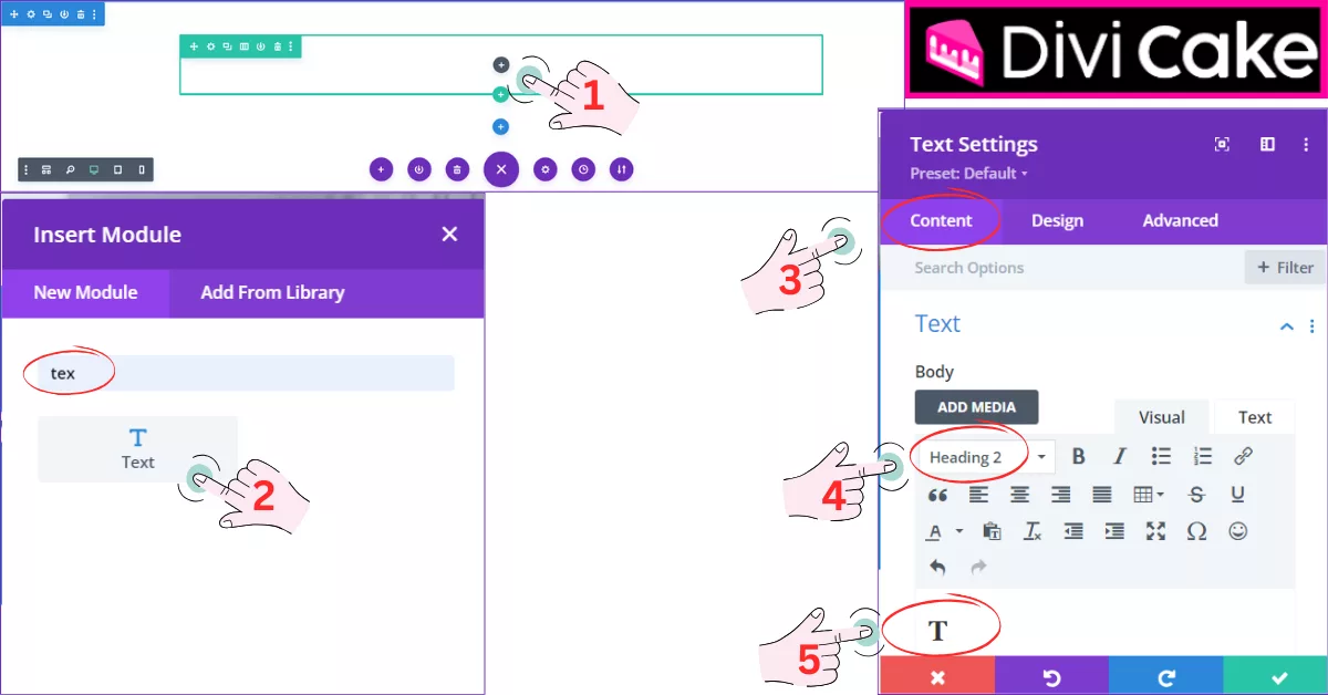 Step-by-step instructions on inserting a Text Module in Divi and configuring it for animated text, starting with selecting the heading level and entering individual letters.