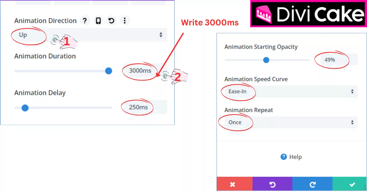 Customize text animations with Divi’s animation settings, adjusting duration, delay, starting opacity, and speed curves for smooth effects. Control whether animations loop or run once for dynamic presentations.