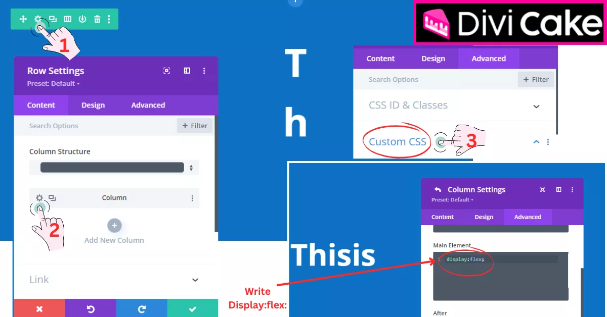 Step-by-step instructions for changing text alignment from vertical to horizontal in Divi using CSS by adjusting the row and column settings.