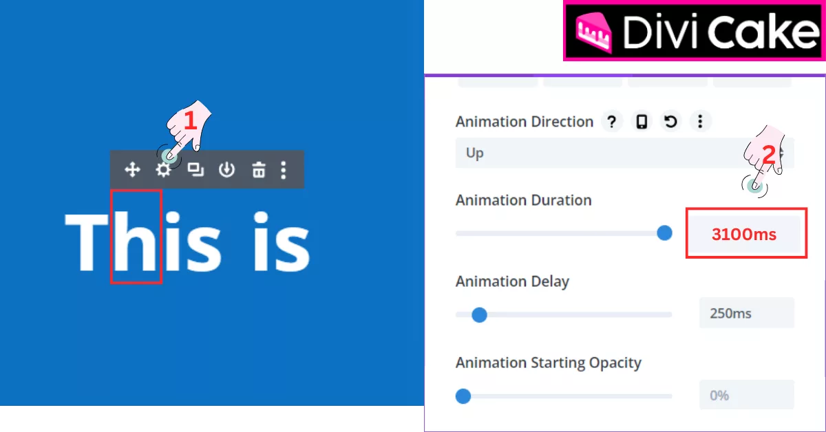 A guide on adjusting the animation duration for individual letters in Divi, focusing on the second letter to customize the animation effect.