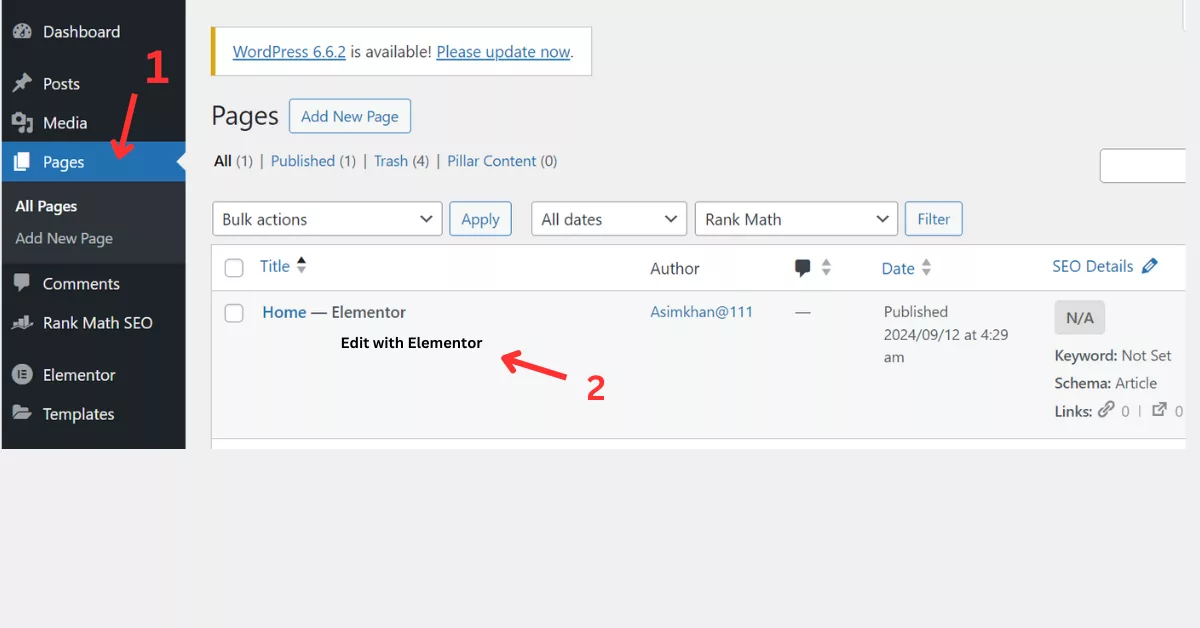 Opening Rank Math in Elementor from the WordPress dashboard by navigating to Pages and selecting Edit with Elementor.