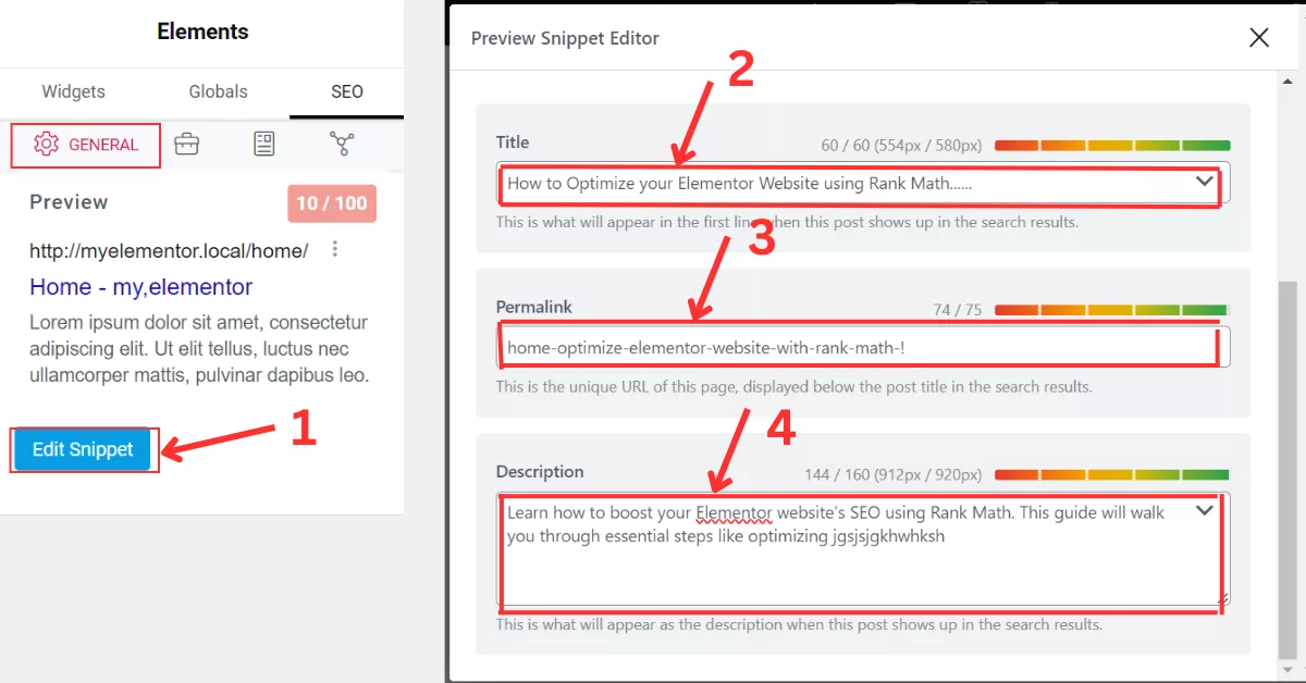 A step-by-step guide to optimizing the Title, Permalink, and Description with focus keywords in Rank Math for better SEO results.