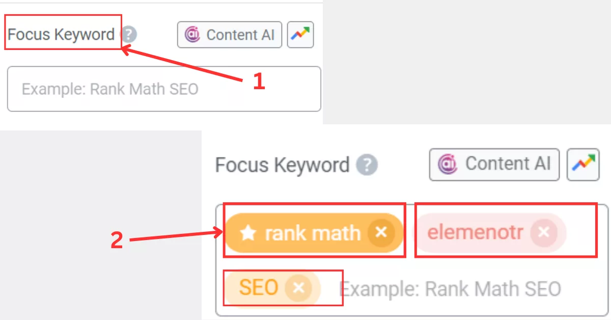Screenshot showing how to set focus keywords in Rank Math by typing a keyword and pressing enter.