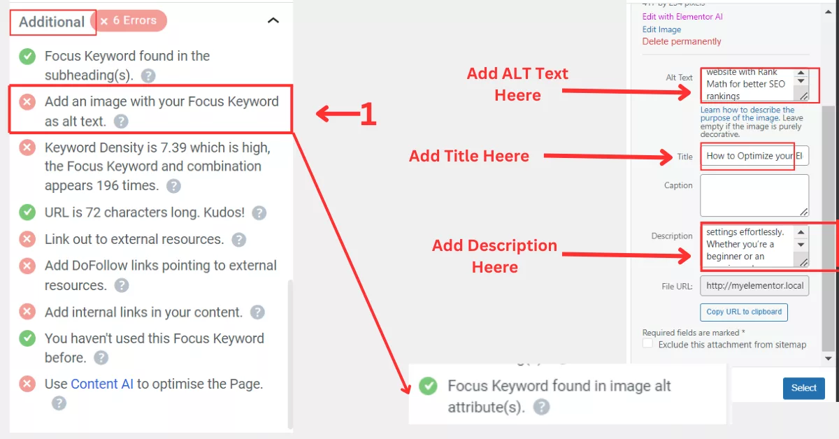 Rank Math General SEO settings showing how to add Alt Text and focus keywords to images for optimization in Elementor.
