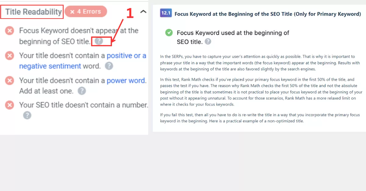 Rank Math Title Readability settings showing focus keyword error and how to fix it by clicking the provided tick mark.