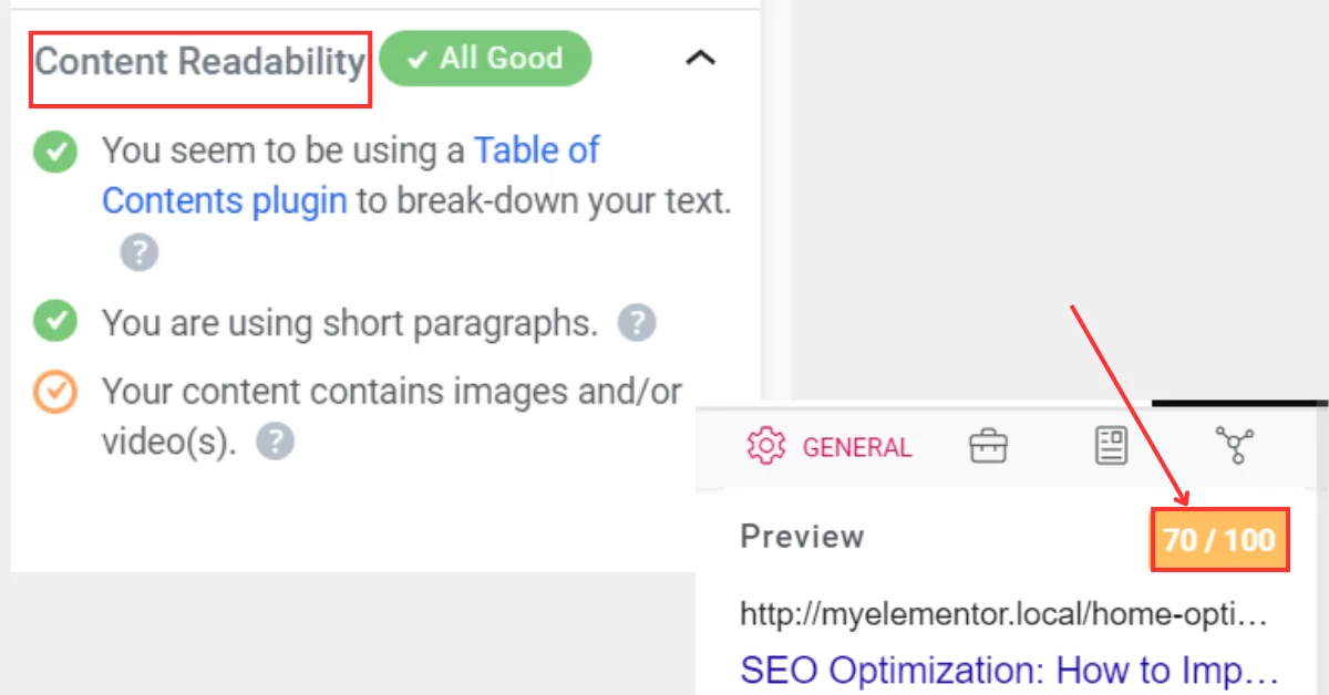 Rank Math Content Readability settings showing one incomplete option and how to increase the score by adding images and videos.