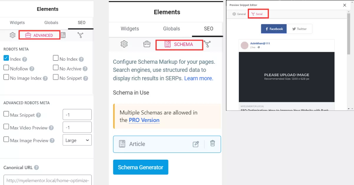 Rank Math Advanced settings including Schema and Social Media options for optimizing content appearance on social platforms.