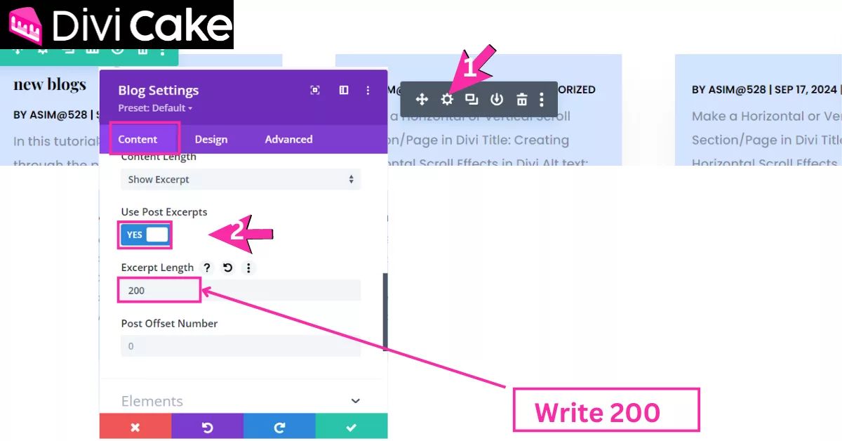 Adjusting Divi Blog Module settings for equal column heights by modifying the Excerpt Length.