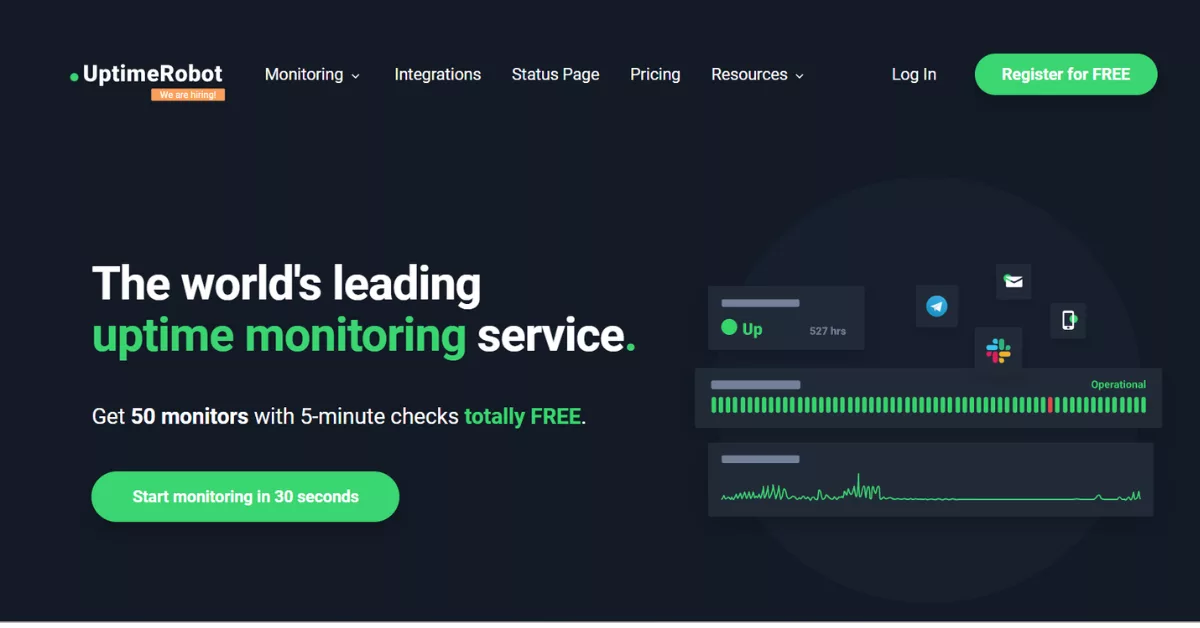 UptimeRobot checks your website’s uptime every five minutes and sends instant alerts for any downtime. Pricing starts at $7 per month.