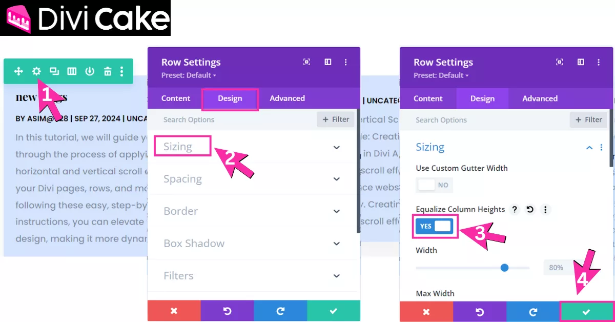 Applying Divi Equal Height setting to achieve uniform blog post columns, including accessing row settings, navigating the design tab, locating sizing options, and enabling equal column heights for a consistent appearance.