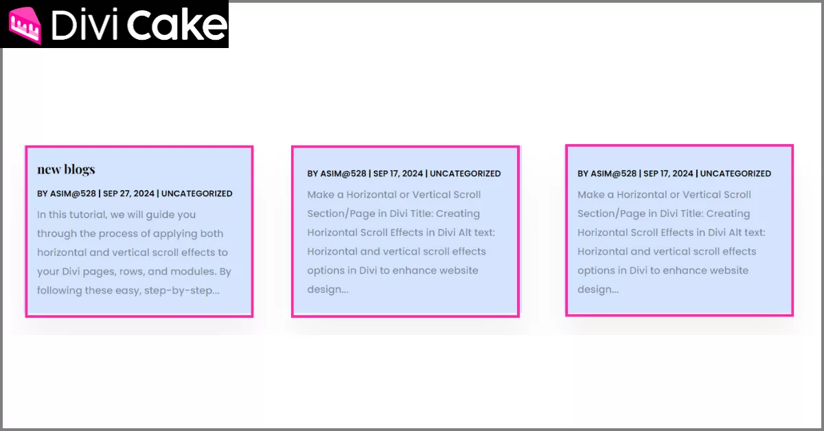 Display of uniform blog columns after applying the Blog Module’s Excerpt Limit in Divi, illustrating consistent column height across all blog posts for a balanced layout.