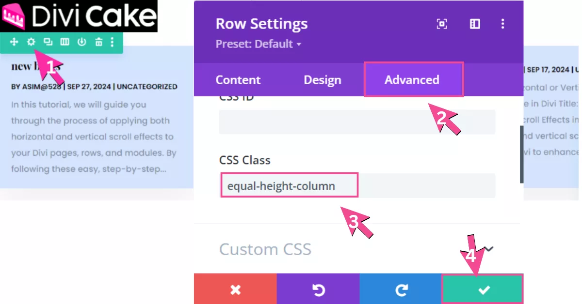 A visual guide showing how to add a custom class to a row in Divi to achieve equal height columns using CSS coding.
