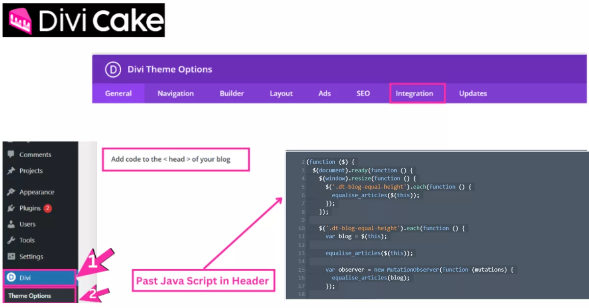 Steps to add custom JavaScript in Divi Theme Options to ensure equal height for blog columns using the ‘equal-height-row’ class.