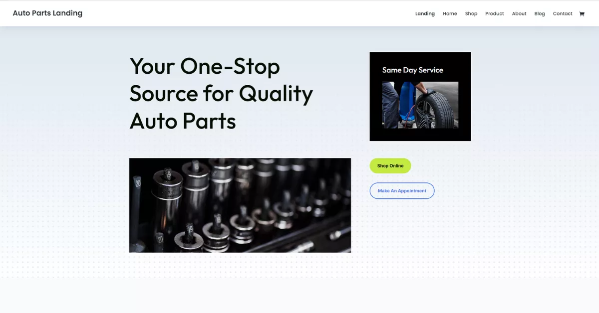 The Auto Parts layout pack uses a modern dark theme with neon accents, offering email capture and CTA features, ideal for auto parts websites looking for a sleek design.