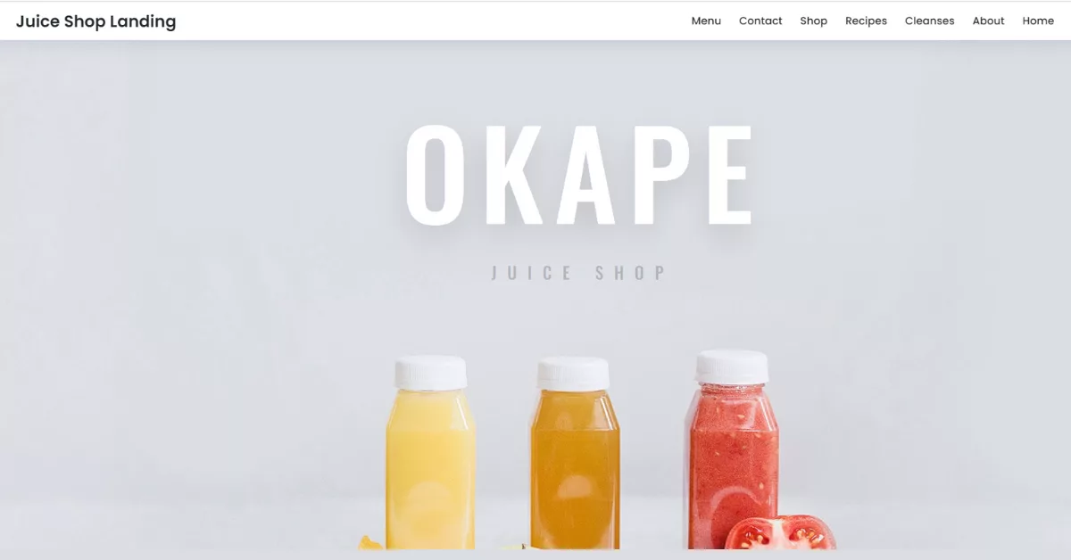 The Juice Shop layout pack includes vibrant pages with a shop, menu, and cleanses section, ideal for juice stores looking to create an engaging online presence.