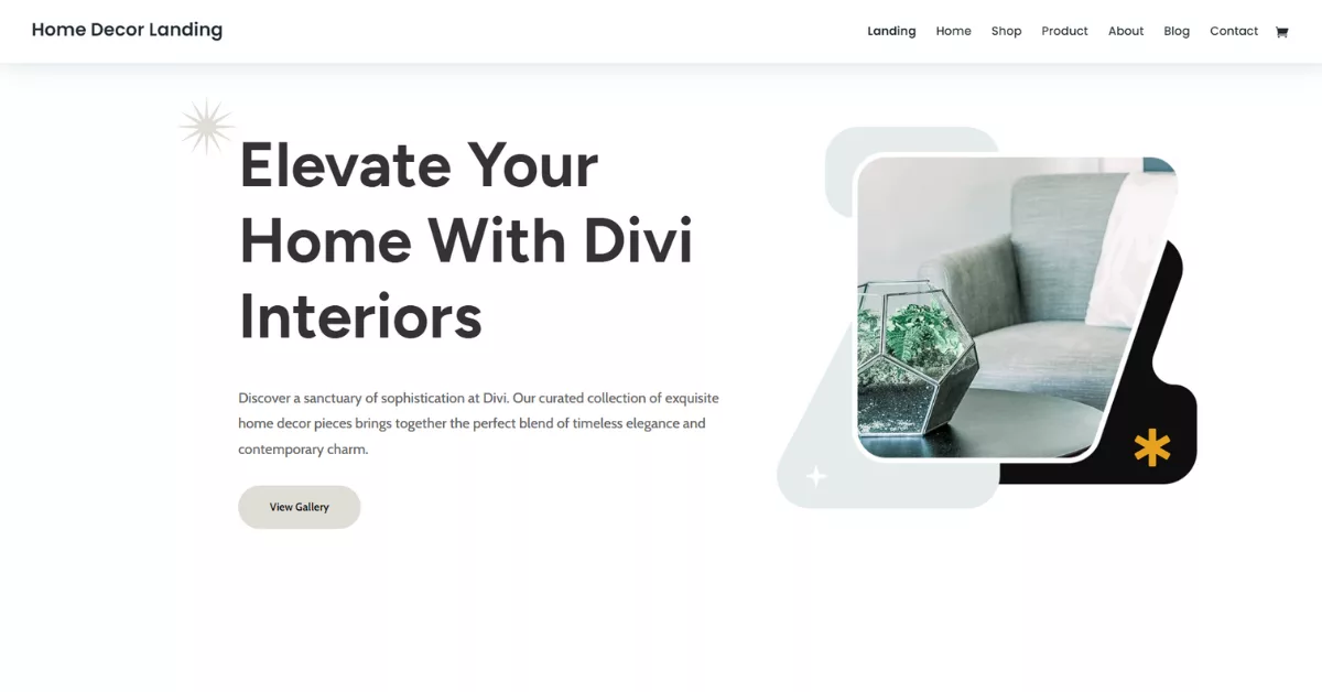 The Home Decor layout pack offers bold designs with contrasting text and a gallery, perfect for showcasing home decor products online.