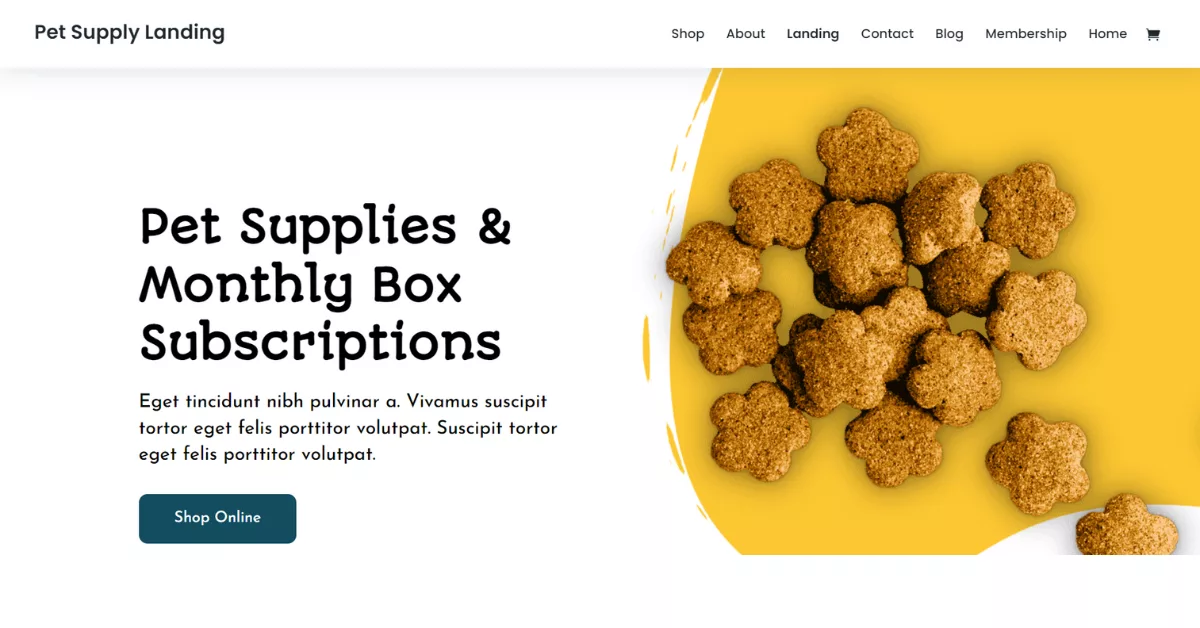 The Pet Supply layout pack features unique visuals and essential pages, blending playful and professional designs for a captivating pet supply store website.