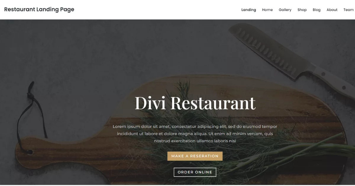The Restaurant Landing Page layout pack features eight layouts, including reservation buttons and hours of operation, tailored for restaurant needs.