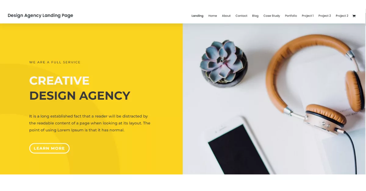 The Design Agency Landing Page layout pack features nine stylish layouts to showcase essential information and highlight services effectively.