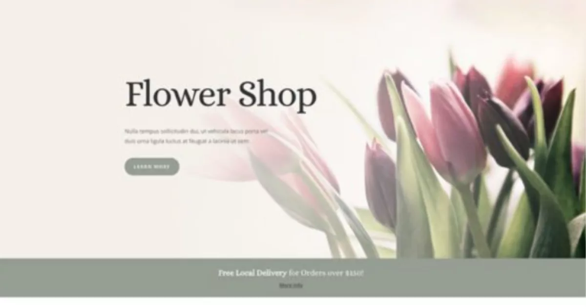 The Florist Landing Page layout pack features seven elegant designs with beautiful floral imagery, including sections for seasonal items, discounts, and a contact form for special bouquet orders.