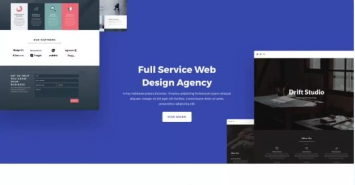 The Web Agency Landing Page layout pack features essential pages like pricing, services, and portfolio, showcasing a clean and colorful design with engaging background images.