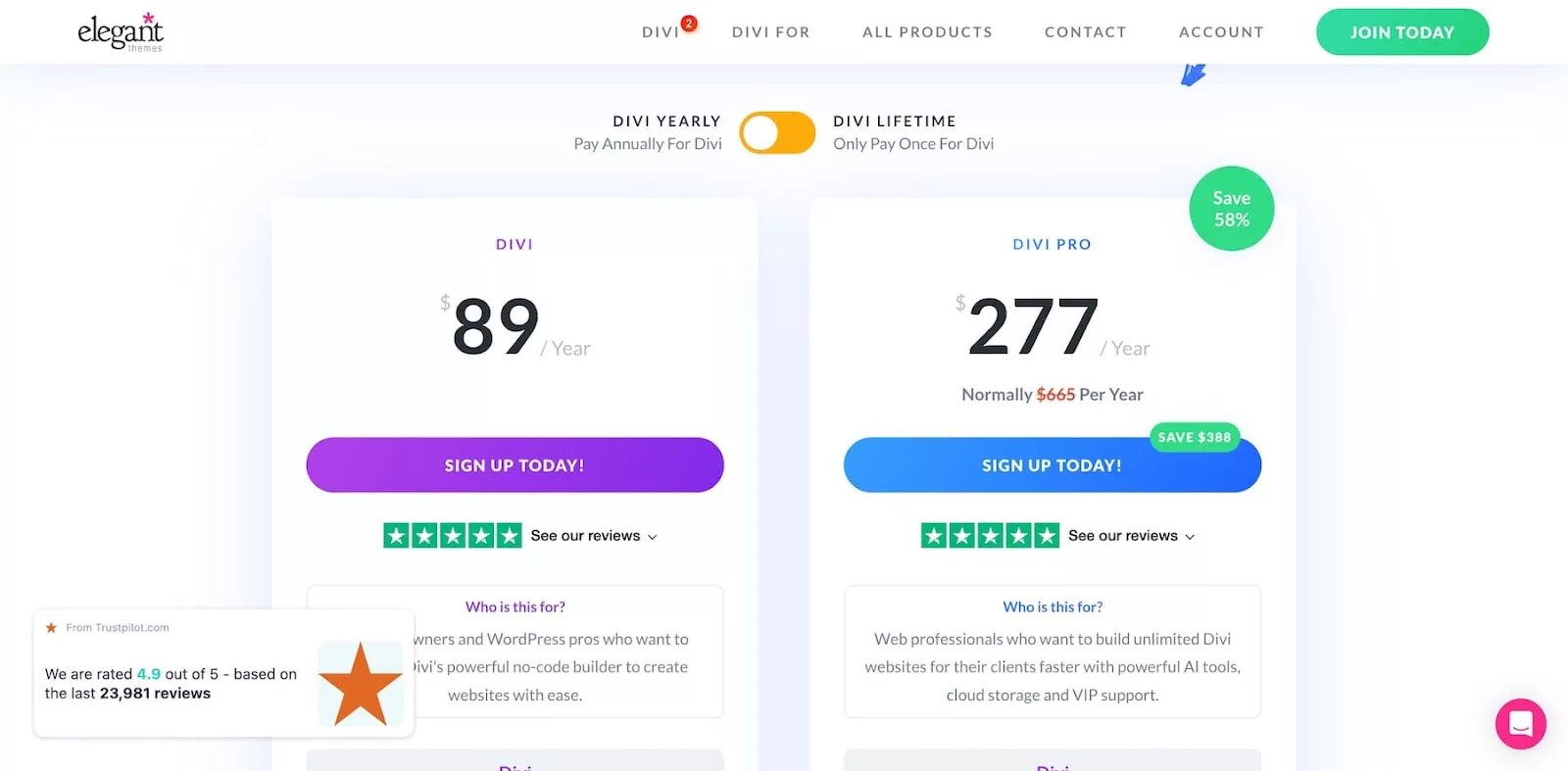 Divi offers flexible pricing: $89/year for the core theme, $249 for a lifetime license, and $277/year for Divi Pro, which includes Divi Cloud, Divi Teams, Divi VIP support, Divi Dash, and Divi AI for enhanced website management and creative tools.