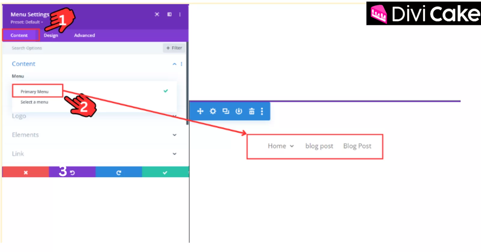 Menu settings in Divi for a vertical header: Select your desired menu, such as the Primary Menu, from the content tab’s dropdown menu.